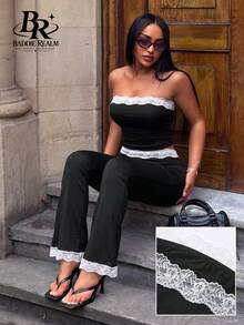 BADDIE REALM Women's Strapless Contrast Lace 2 Pieces Outfit, Black Medium-Stretch Top And Bell Bottom Pants For Sexy - Black - View 4