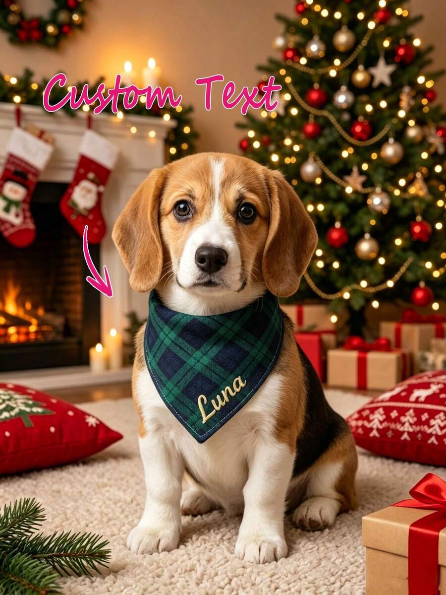 Custom Name Pet Bandana, Christmas Holiday Decor For Dogs, Pet Party Costume Gift, Daily Wear Dog Bandana - Multicolor - View 1