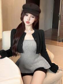 2026 Autumn/Winter Sexy Rich Girl Style 2-Piece Knit Set, Cropped Round Neck Cardigan + Waist-Cinching Ruffle Strap Bustier Tank Top, Suitable For New Year, Outings, Commuting, Dating Sweater Top - Dark Grey - View 2