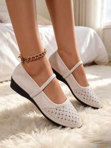 Women Rhinestone Embellished Mary Jane Wedge Heel Shoes, Single Strap Square Toe Textile Upper Soft Low Wedge Sole Casual Daily Wear Shoes - Beige - View 11