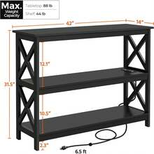 Mesa de entrada con estantes de almacenamiento, mesa de consola con tomas de corriente y puertos USB, mesas estrechas de madera con diseño en forma de X para sala de estar, pasillo, sofá - Negro - - Ver 10