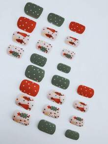 24pcs Short Square Christmas Press-On Nails, Snowflake, Santa Claus, Snowman, Christmas Tree Pattern Fake Nails, With Jelly Glue And Nail File, Suitable For Women's Daily, Party, Holiday Use - Multicolor - View 2