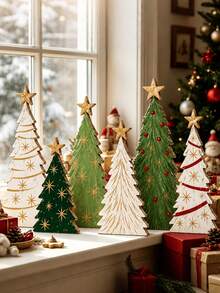 Wooden Christmas Tree Desktop Decoration, Vintage Distressed Wooden Christmas Tree Sign With Star Topper, Rustic Layered Christmas Table Ornament, Suitable For Fireplace Mantel Home Holiday Decor - Multicolor - View 3