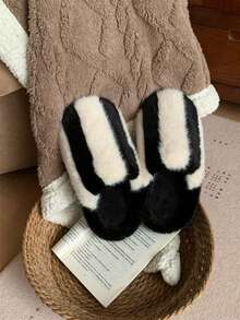 XIXITIAO Minimalist Striped Closed Toe Slippers, Winter Warm Soft Sole House Slippers - Black - View 4