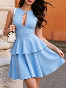 DONICY Women's Light Blue Hollow Layered Ruffle Mini Dress, Sleeveless Fitted Casual Date Dress - Blue - View 4