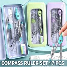7pcs Student Geometry Drawing Set, Anti-Myopia Scale Compass, Ruler, Triangle Ruler, Protractor, Eraser, Pencil Lead, Portable Metal Storage Box, Exam And Homework Measurement Tools - Multicolor - View 3