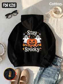 Halloween Autumn Winter Girls' Hooded Fleece Sweatshirt With Pumpkin, Ghost, Candy Print And "Stay Spooky" Text, - Black - View 4