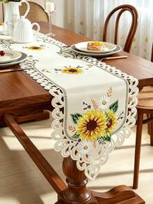 1pc 100% Polyester Vintage Sunflower Embroidery Table Runner, Fall Hollow Out Floral Table Runner, Boho Farmhouse Table Centerpiece For Kitchen Dining Room Wedding Party Decor - Multicolor - View 7