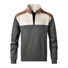 Men's Spring/Autumn Colorblock Half-Zip Stand Collar Sweatshirt, Simple Versatile Long Sleeve Casual Pullover Top - Dark Grey - View 3