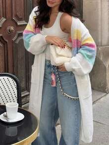 Just Masa Women's Fall Casual Colorblock Simple Basic Sweater Cardigan With Pockets,Long Sleeve Loose Rib-Knit Long Coat,For Daily Wear,Going Out - White - View 8