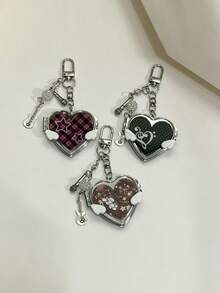Cute Heart Wing Compact Mirror Keychain, Y2K Guitar Microphone Charm Bag Pendant, Aesthetic Makeup Mirror Keyring Gift - Silver - View 7