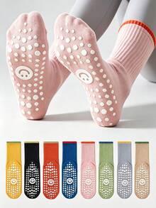 1/4/6/8 Pairs Women's Soft Cute Contrast Color SMILES Smiling Face Non-Slip Mid-Calf Socks, Multi-Color Anti-Slip Grip Socks, Suitable For Pilates, Yoga, Fitness, Sports, Ballet - Multicolor - View 1