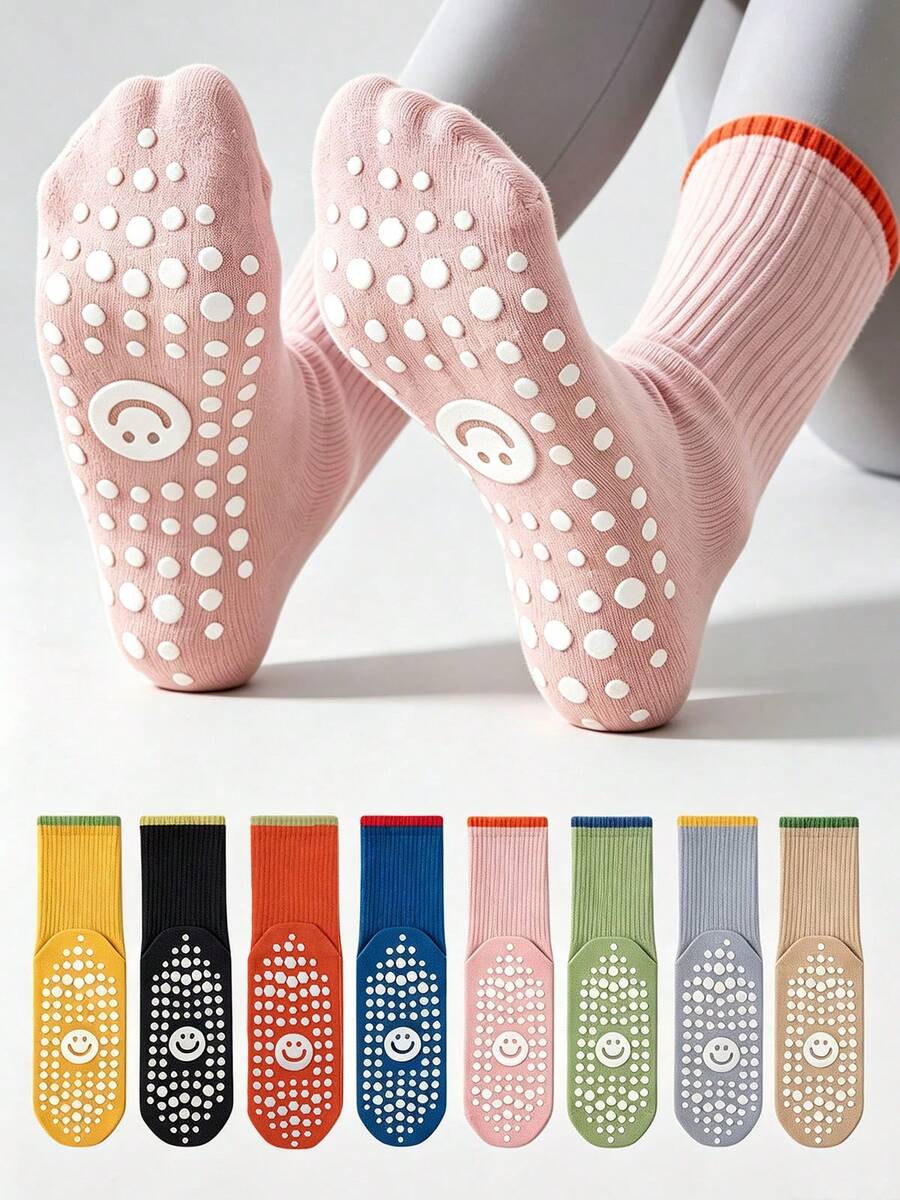 1/4/6/8 Pairs Women's Soft Cute Contrast Color SMILES Smiling Face Non-Slip Mid-Calf Socks, Multi-Color Anti-Slip Grip Socks, Suitable For Pilates, Yoga, Fitness, Sports, Ballet - Multicolor - View 1