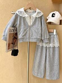 bearleader Girls Spring/Autumn Floral Lace Zipper Long Sleeve Sweatshirt Jacket And Mesh Patchwork Casual Pants Set - Grey - View 1