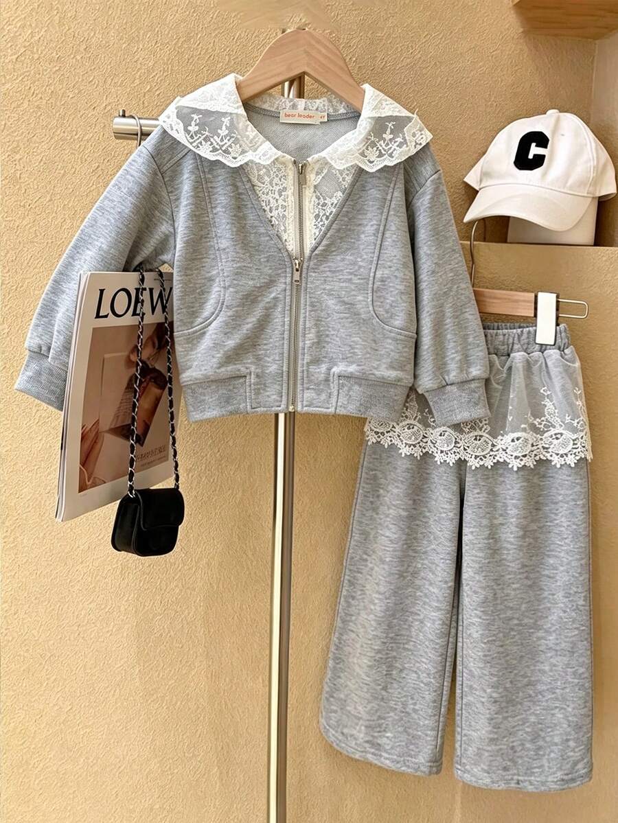 bearleader Girls Spring/Autumn Floral Lace Zipper Long Sleeve Sweatshirt Jacket And Mesh Patchwork Casual Pants Set - Grey - View 1
