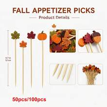 50/100pcs Autumn Thanksgiving Cocktail Picks, Pumpkin Maple Leaf Acorn Appetizer Toothpicks, Autumn Theme Disposable Fruit Food Picks, Suitable For Holiday Party Table Dessert Decoration - Orange - View 3