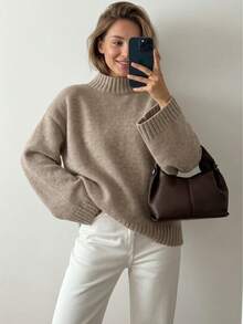 Sweater Rajut Wanita Joy, Gaya Baru Musim Gugur/Dingin - Atasan Serbaguna - Minimalis Kasual Multifungsi - Warna Polos, Leher Bulat, Lengan Lonceng, Potongan Longgar, Gaya Musim Gugur - Khaki - View 2