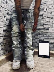 Embroidered Denim Jeans, Flared Jeans, Embroidered Letter Text Men's Jeans, Flared Pants, Bell Bottoms, Men's Skinny Pants, Men's Slim Fit Pants, Distressed Bell Bottoms, Patchwork Flared Pants, Washed Denim Jeans, Y2K Stacked Pants, Differential Wash Patchwork Embroidery, Suitable For All Seasons - Blue - View 1