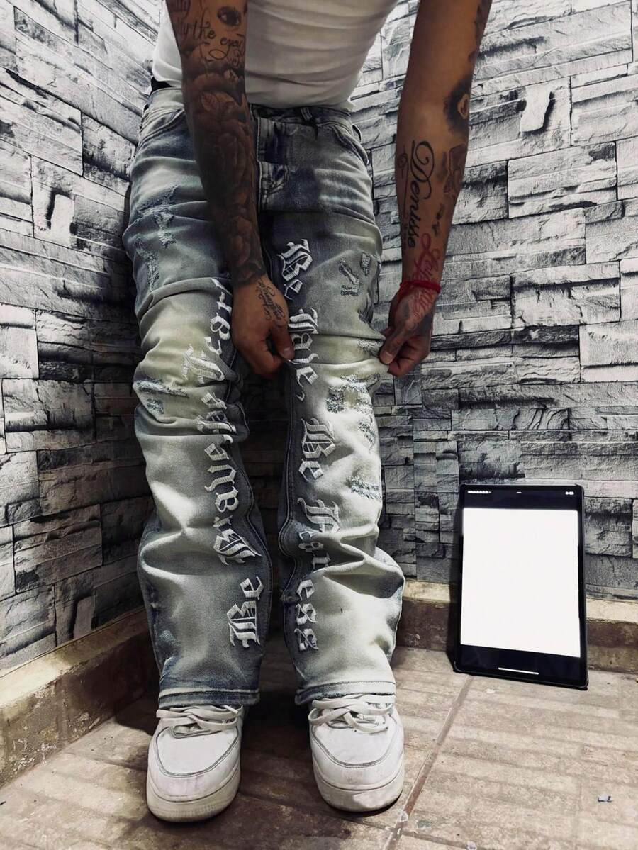 Embroidered Denim Jeans, Flared Jeans, Embroidered Letter Text Men's Jeans, Flared Pants, Bell Bottoms, Men's Skinny Pants, Men's Slim Fit Pants, Distressed Bell Bottoms, Patchwork Flared Pants, Washed Denim Jeans, Y2K Stacked Pants, Differential Wash Patchwork Embroidery, Suitable For All Seasons - Blue - View 1