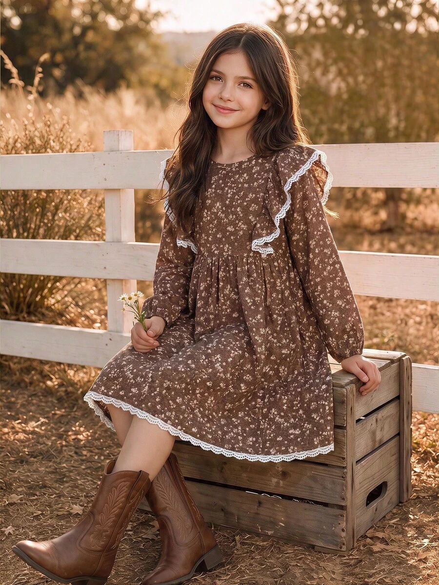 Tween Girls Tween Girl Autumn/Winter Brown Ditsy Floral Print Patchwork Lace Ruffle Flutter Sleeve Cinched Waist A-Line Pastoral Vacation Dress - Multicolor - View 1