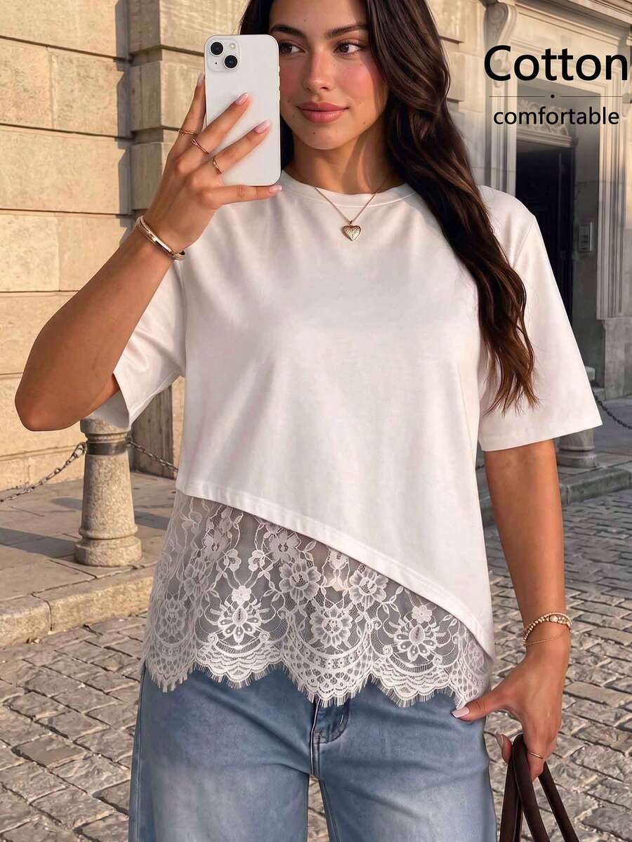 Women's Elegant Commuter Solid Color Lace Patchwork Round Neck Top White Summer - White - View 1