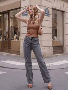 1pc Casual Elegant Snowflake Denim Mid-High Waist Jeans, Office Daily Wear, Spring/Autumn/Winter - Black - View 1