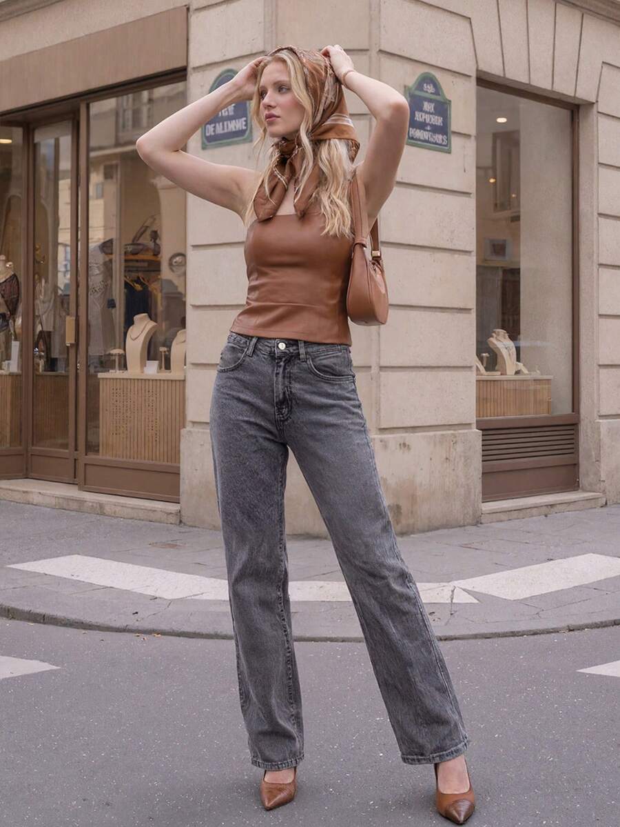1pc Casual Elegant Snowflake Denim Mid-High Waist Jeans, Office Daily Wear, Spring/Autumn/Winter - Black - View 1