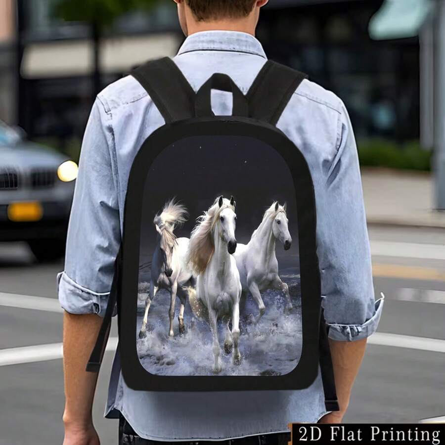 Unisex Fashion Cool Three Running Horses Print Campus Backpack Student Rucksack Laptop Bag Large Capacity Business Travel Hiking Backpack Outdoor Travel Bag Multi-Compartment Versatile Casual Backpack For Students School Commuting Travel Essential - Black - View 1