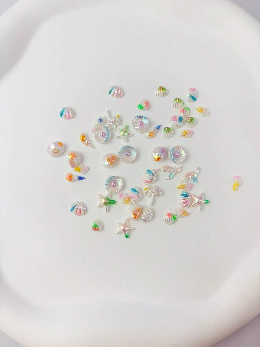 25pcs Random Style Colorful Aurora Starfish Shell Nail Art Charms, 3D Colorful Aurora Ocean Fish Tail Conch Resin Nail Rhinestones, Phone Case Earring Hair Clip Decoration Small Accessories - Multicolor - View 1