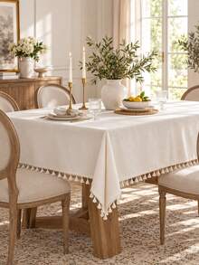 Bubaba 1pc Ivory-White Tablecloth, Rustic Farmhouse Solid Color Linen Tablecloth With Cream Tassels, Suitable For Dining Room, Kitchen, Tabletop, Party, Holiday, Hotel, Cafe, Bedroom, All Season - White - View 6
