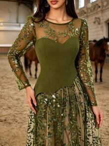 Autumn/Winter Elegant Sequin Leaf Embroidery Tulle Patchwork Pleated Knit 2 In 1 Long Dress, Illusion Long Sleeve Party Wedding Dress - Dark Green - View 3