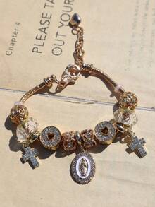 1pc Religious Cross Heart Charm Bracelet, Cross Heart Bracelet, Religious Virgin Mary Heart Bracelet - Gold - View 4