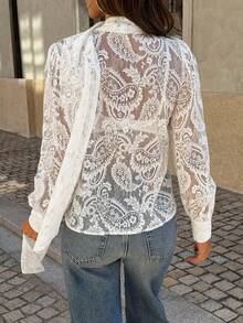 Women's Vintage Lace Semi-Sheer Ribbon Top, Early Autumn Long Sleeve Atmospheric Cuffed Button Decor Elegant Fashion Top, Suitable For Commuting, Dating, Tea Party, Airport - Apricot - View 8