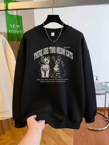 Vintage Distressed Double Cat Print Crew Neck Sweatshirt Women Autumn Loose Slouchy Drop Shoulder Long Sleeve Pullover Top American Casual - Black - View 4