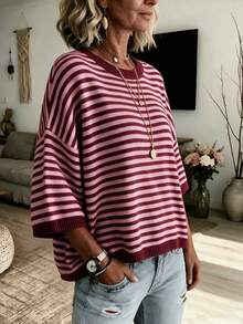 Women's New Autumn Contrast Color Striped Knit Top, Casual Daily Wear, Preppy Style - Maroon and Pink - View 4