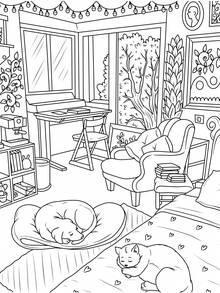 Cute Interior Designs Themed Coloring Book, Cozy Home Room Line Art, Potted Plants, Cats And Dogs, Healing Adult Leisure Doodle Coloring Book - Interior Design - View 6