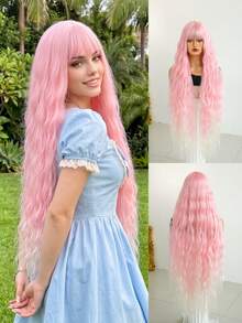 7JHH WIGS Halloween Extra Long Grey Cosplay Wig For Women 44 Inch Wavy Wig With Bangs, Fluffy Synthetic Heat-Resistant Costume Wig For Cosplay Wear,Party Carnival Festivals Use( Pink, Green, Red ) - Multicolor - View 2
