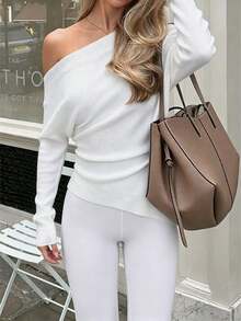 GLAMSKIN كنزة نسائية محبوكة ضيقة بأكمام طويلة وكتف مكشوف للخريف، بتصميم غير متماثل مع ثنيات مجعدة ونسيج مضلع، ملابس كاجوال مناسبة للاستخدام اليومي وليالي المواعدة - أبيض - مشاهدة 7