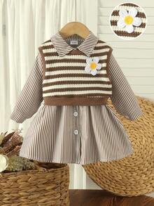 2pcs Baby Girl Academy Style Long Sleeve Striped Shirt Dress & Vest Set, Thin Spring/Autumn - Khaki - View 1