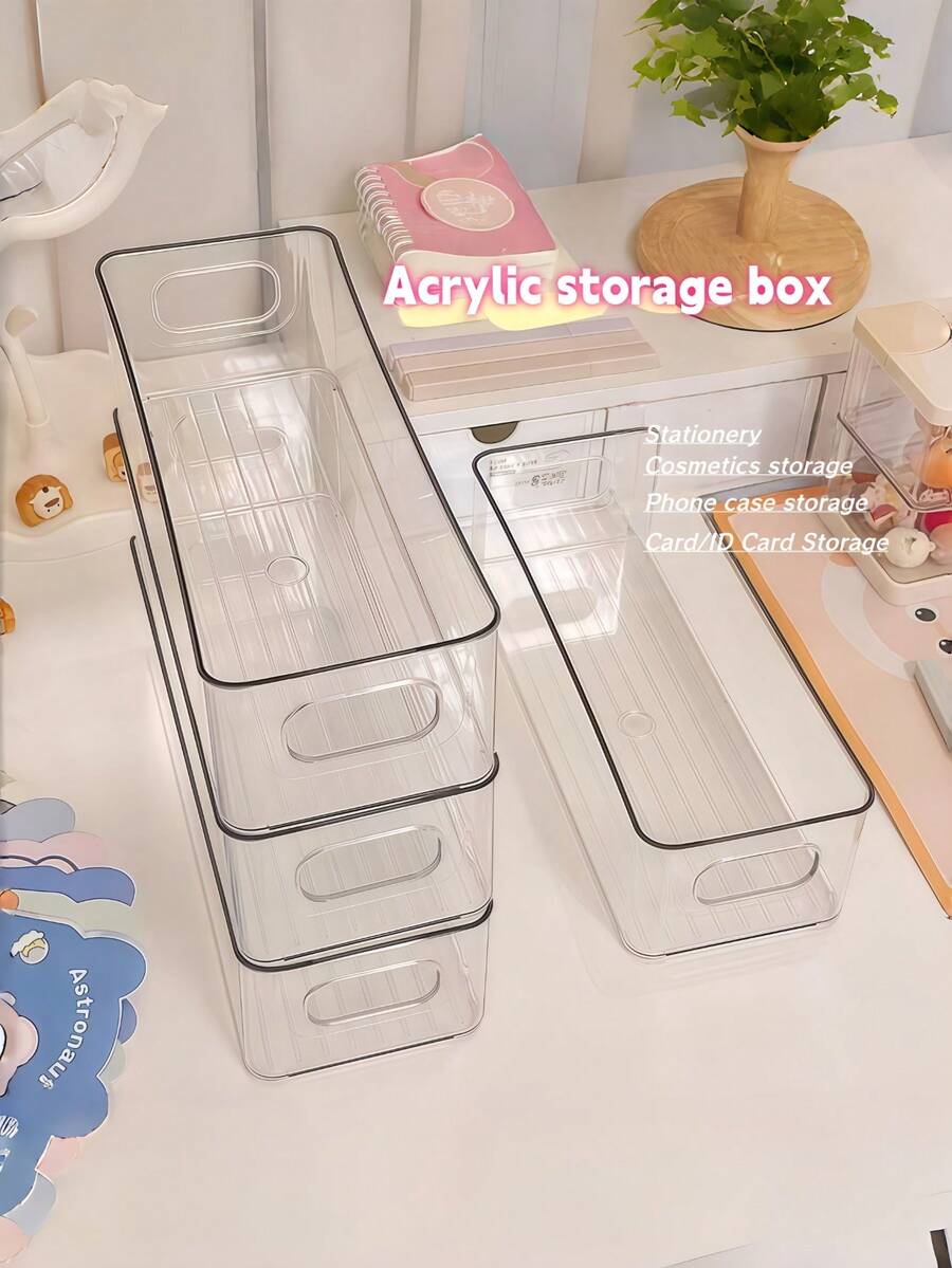 1pc Transparent Acrylic Storage Organizer Box, Multi-Functional Plastic Organizer Tray With Handle, Stackable Storage Bin, Suitable For Drawer, Desktop, Kitchen, Pantry And Outdoor Picnic - Multicolor - View 1