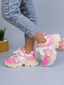 1 Pair New Chunky Sneakers For Summer And Autumn, Versatile Fashionable Leather Upper, Durable - Pink - View 5