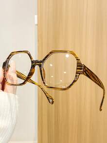 1 Pair Women's Polygon Frame Yellow Striped Clear Lens Glasses, Minimalist Versatile Fresh Face-Flattering Eyewear, Suitable For Short Trips, Friend Gatherings, Daily Commute, Artistic Store Visits - Clear - View 6
