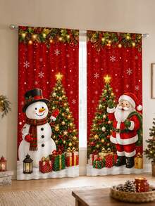 2 Pcs Gorden Liburan Natal, Gorden Motif Cetak Kartun Sinterklas Merah & Manusia Salju Natal, Dekorasi Jendela Semi Transparan Hangat untuk Hari Raya dengan Kantong Batang, Cocok untuk Ruang Tamu dan Kamar Tidur, Batang Tidak Termasuk, Dapat Dicuci Mesin - MultiWarna - View 2