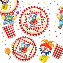 50Pcs April Fools' Day Disposable Tableware Set, 7in & 9in Paper Plates, Paper Cups And Paper Napkins, Cute Clown Surprise Box Balloon Print, April Fool's Day Carnival Party Table Decor Supplies - Multicolor - View 1