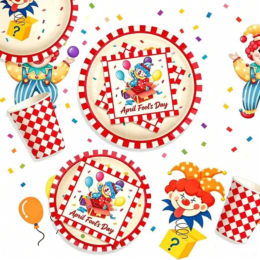 50Pcs April Fools' Day Disposable Tableware Set, 7in & 9in Paper Plates, Paper Cups And Paper Napkins, Cute Clown Surprise Box Balloon Print, April Fool's Day Carnival Party Table Decor Supplies - Multicolor - View 1