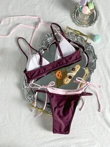 女款比基尼泳衣復古印花波點條紋休閒時尚套裝海灘度假夏季 - 紫粉紅色 - 查看 5