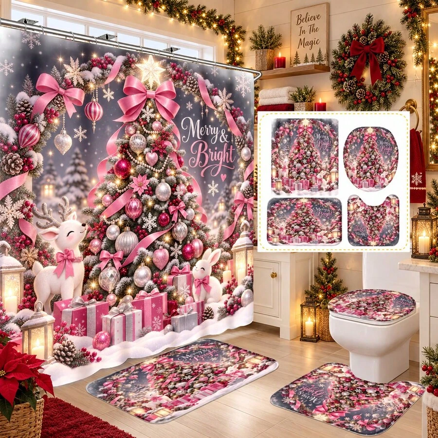 1pc/4pcs Pink Bow Christmas Tree Pattern Multifunctional Bathroom Decor Shower Curtain Set, Free 12 Hooks, Premium Holiday Atmosphere, Bathroom Mat, U-Shaped Rug And Round Toilet Lid Cover, Suitable For All Occasions, Bathroom Set - Pink Bow Christmas Tree - View 1