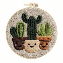 2D Flat Punch Needle Embroidery Kit For Beginners - Complete Embroidery Starter Set Including Tools And Instructions, DIY Punch Embroidery Kit, Cute Potted Plants Cactus Family Cactus Friends Cactus Embroidery Needle Beginner Handmade Kit Easy To Make Adult Holiday Gift And Decoration, Bamboo Frame Style Random - A - View 6