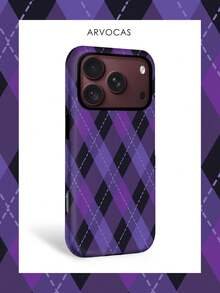 Halloween Purple Black Tartan Plaid Pattern 2-In-1 PC Hard Shell & TPU Soft Inner Case, Matte Finish, Trick Or Treat Gift, Cover Phone, Matching Phone Cases, Case Compatible With 11 12 13 14 15 16 16e 17 Pro ProMax Air 18 Pro ProMax - Matte Non-magnetic - View 2