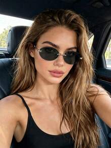 2pcs European & American Vintage Rimless Cut Edge Oval Women's Glasses High-End Street Style Fashion Eyewear - Gradient Tea + Black Gray - View 2